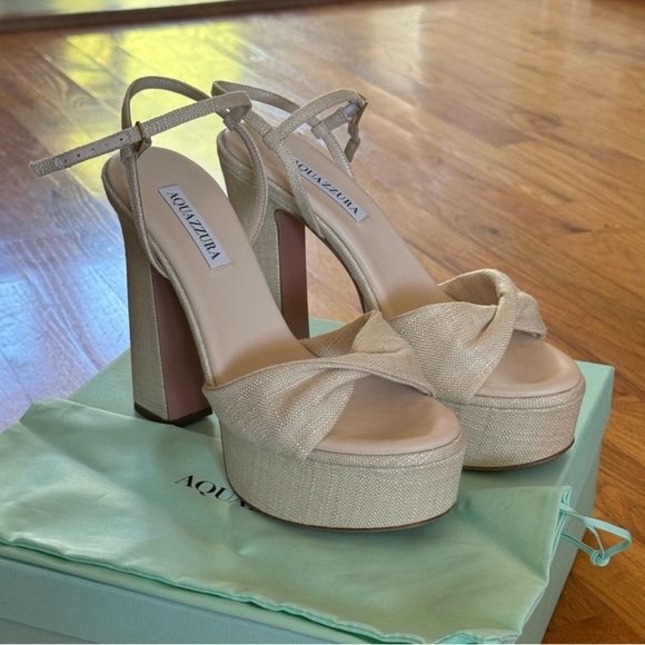 NWT Aquazzura Twist Plateau Sandal in Linen 38.5 - Picture 4 of 6